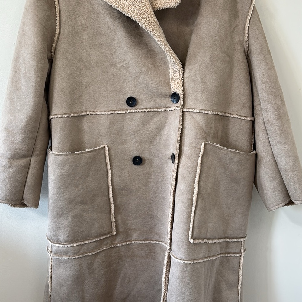 ZARA Contrasting Fleece Suede Long Coat Size Large - Picture 7 of 14